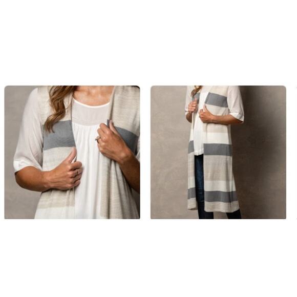 New NWT Demdaco Knit Vest Grey Taupe Stripe Sweater‎ Sleeveless Duster One Size - Picture 1 of 8
